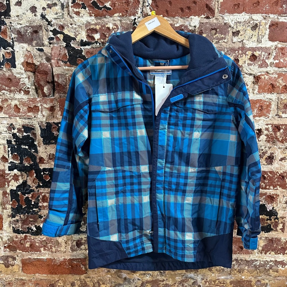 Columbia Omni Tech Blue Plaid Jacket Boys Medium 10-12 Full Zip Pockets Hooded